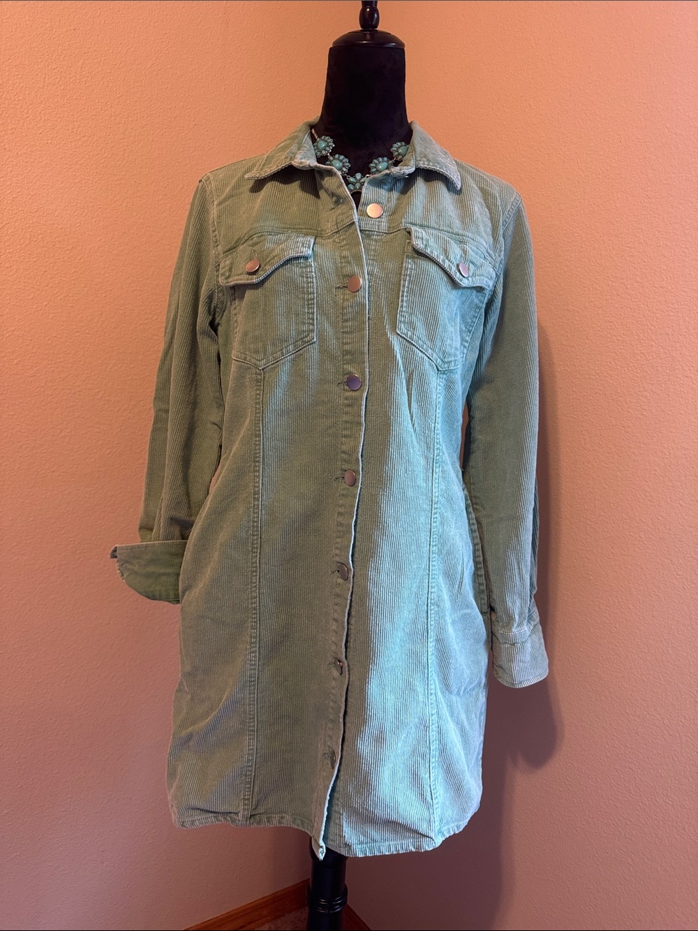 Light Green Long-Sleeve Corduroy Shirt Dress